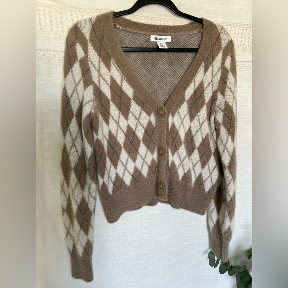 Fuzzy argyle cropped cardigan